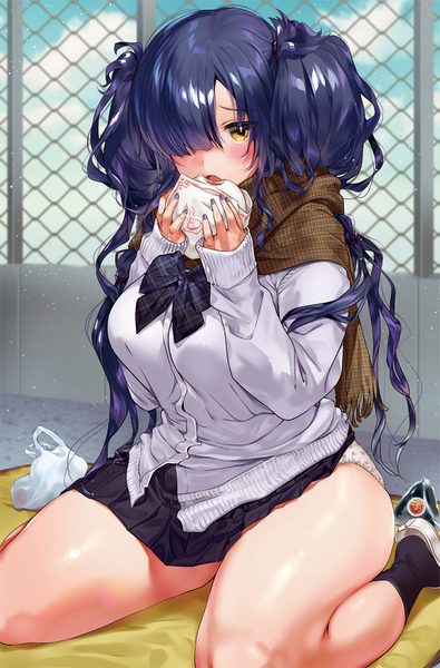 Anime picture 600x910 with original yanyo (ogino atsuki) single long hair tall image looking at viewer blush fringe breasts light erotic large breasts sitting twintails holding yellow eyes payot purple hair bent knee (knees) outdoors nail polish