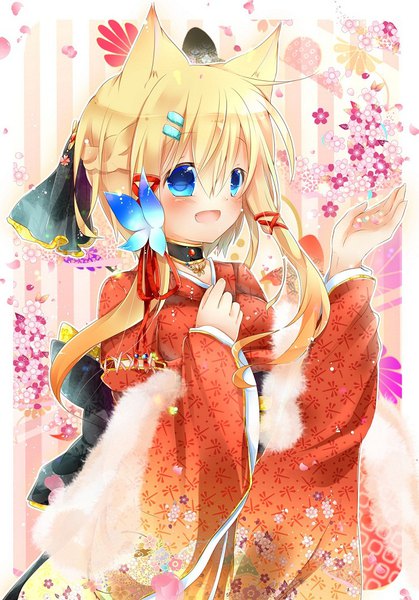Anime picture 698x1000 with original kazato fuuchi single tall image looking at viewer fringe short hair blue eyes blonde hair hair between eyes animal ears payot looking away ahoge braid (braids) traditional clothes japanese clothes wide sleeves fox ears floral print