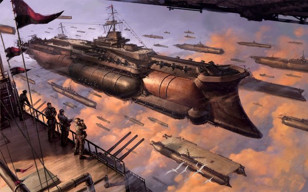 Anime picture 1920x1200 with original highres wide image sky cloud (clouds) flying steam punk uniform weapon animal bird (birds) wire (wires) flag aircraft people banner airship