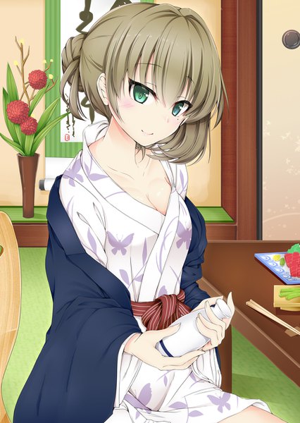 Anime picture 898x1264 with idolmaster idolmaster cinderella girls takagaki kaede yuu (oosakazaijyuu) single long hair tall image looking at viewer blush fringe breasts light erotic smile hair between eyes brown hair sitting holding green eyes traditional clothes head tilt