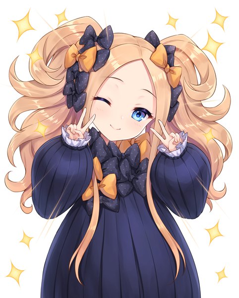 Anime picture 1444x1797 with fate (series) fate/grand order abigail williams (fate) tomo (tmtm mf mf) single long hair tall image looking at viewer blush fringe blue eyes simple background blonde hair smile standing white background payot long sleeves head tilt one eye closed