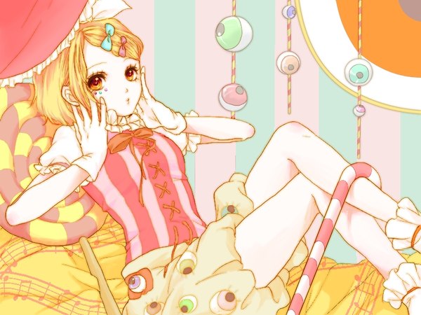 Anime picture 800x600 with vocaloid kagamine rin abararack single looking at viewer short hair blonde hair bent knee (knees) orange eyes puffy sleeves crossed legs striped reclining striped background hands on face girl gloves bow hair bow socks
