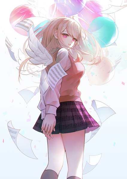 Anime picture 2480x3507 with dangan ronpa new danganronpa v3 akamatsu kaede wny (wnys art) single long hair tall image looking at viewer fringe highres breasts open mouth blonde hair smile standing white background ahoge long sleeves pleated skirt pink eyes