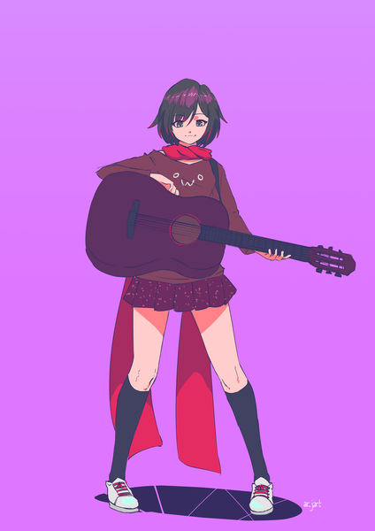 Anime picture 4961x7016 with rwby rooster teeth ruby rose ar jart single tall image looking at viewer highres short hair simple background brown hair standing signed absurdres full body long sleeves pleated skirt grey eyes :3 purple background
