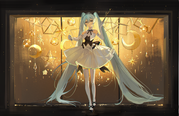 Anime picture 2913x1903 with vocaloid miku symphony (vocaloid) hatsune miku geshi era single looking at viewer fringe highres hair between eyes standing twintails full body very long hair aqua eyes aqua hair girl thighhighs gloves white thighhighs elbow gloves