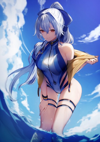 Anime picture 1400x1980 with fate (series) fate/grand order tomoe gozen (fate) tomoe gozen (swimsuit saber) (fate) kyouya (mukuro238) single long hair tall image looking at viewer fringe breasts light erotic smile hair between eyes red eyes large breasts standing payot sky silver hair