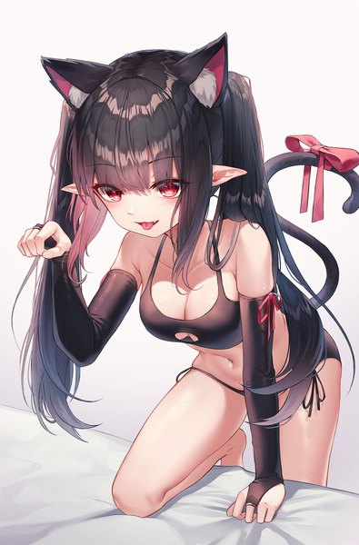 Anime picture 1500x2277 with original myung yi single long hair tall image blush fringe open mouth light erotic black hair red eyes twintails animal ears payot looking away bent knee (knees) tail blunt bangs animal tail barefoot
