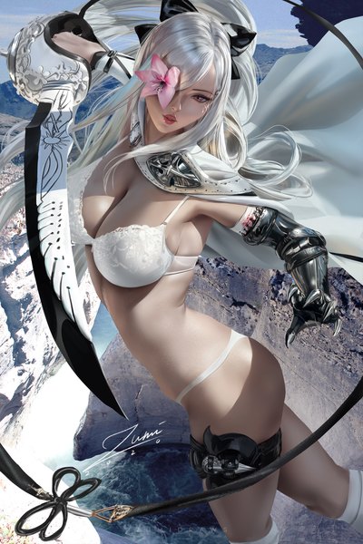 Anime-Bild 2339x3508 mit drakengard zero (drag-on dragoon) zumi (zumidraws) single long hair tall image looking at viewer fringe highres breasts light erotic large breasts standing holding signed looking away sky cleavage silver hair outdoors