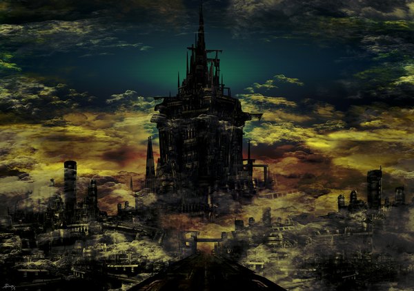 Anime picture 1188x839 with original tomox sky cloud (clouds) city smoke cityscape landscape scenic science fiction building (buildings) road tower