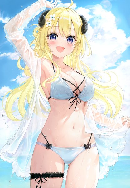 Anime picture 2406x3464 with virtual youtuber hololive tsunomaki watame fuumi (radial engine) single long hair tall image looking at viewer blush fringe highres breasts open mouth blue eyes light erotic blonde hair smile large breasts standing animal ears