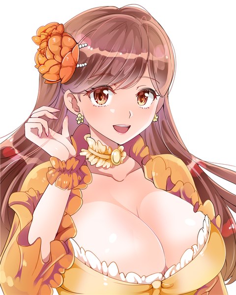 Anime picture 800x1000 with otome game no hametsu flag shika nai akuyaku reijou ni tensei shite shimatta mary hunt 1041 (toshikazu) single long hair tall image looking at viewer breasts open mouth light erotic simple background brown hair white background brown eyes cleavage upper body :d huge breasts girl earrings