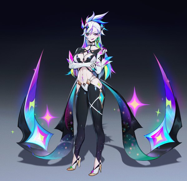 Anime picture 3840x3723 with league of legends evelynn (league of legends) paul (shiramune) single looking at viewer highres breasts blue eyes light erotic smile large breasts standing yellow eyes absurdres full body white hair multicolored hair high heels lipstick heterochromia