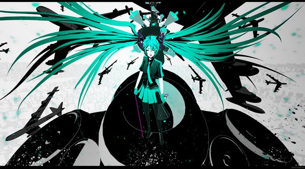 Anime picture 1600x887 with vocaloid hatsune miku arsenixc single long hair wide image twintails eyes closed very long hair aqua hair girl thighhighs skirt gloves black thighhighs necktie aircraft airplane megaphone amplifier