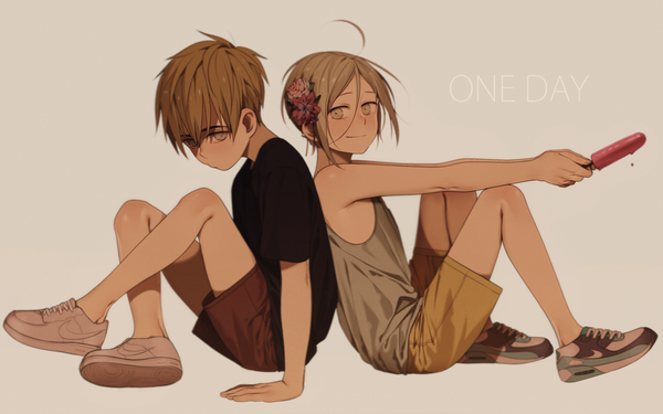 Anime picture 1710x1069 with 19 days jian yi zhan zheng xi e7 (runaway162) looking at viewer blush fringe highres short hair simple background blonde hair smile hair between eyes brown hair sitting bare shoulders holding full body ahoge bent knee (knees)