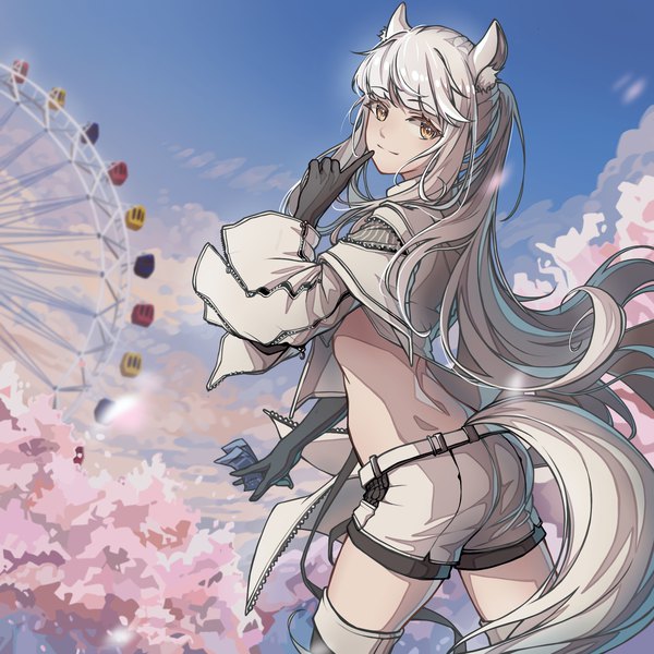 Anime picture 2048x2048 with arknights platinum (arknights) iowae single long hair highres smile animal ears yellow eyes sky silver hair outdoors ponytail tail animal tail midriff cherry blossoms turning head finger to mouth horse ears