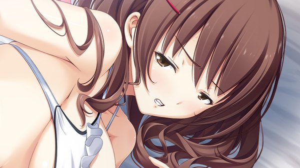 Anime picture 1280x720 with hotch kiss giga mikage shizuku mikoto akemi long hair light erotic brown hair wide image brown eyes game cg girl