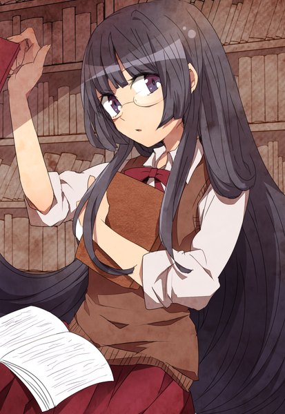 Anime picture 1461x2122 with original fujisaki (hjsk) tall image black hair purple eyes girl uniform bow school uniform glasses book (books) vest shelf bookshelf