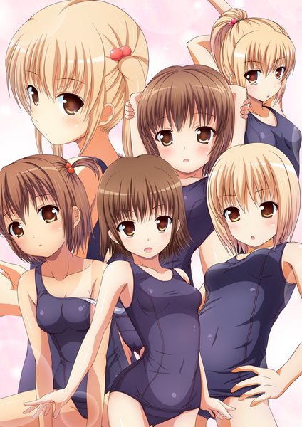 Anime picture 1169x1654 with original kk-sk-ray long hair tall image blush short hair open mouth light erotic blonde hair brown hair multiple girls brown eyes 6+ girls 6 girls girl swimsuit one-piece swimsuit school swimsuit