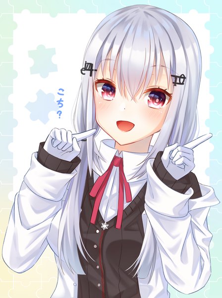 Anime picture 896x1200 with virtual youtuber nijisanji hakase fuyuki angel ina single long hair tall image blush fringe open mouth hair between eyes twintails silver hair upper body :d pink eyes text low twintails question girl