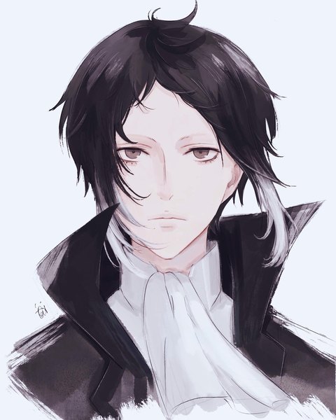 Anime picture 1440x1800 with bungou stray dogs studio bones akutagawa ryuunosuke (bungou stray dogs) 0cat single tall image looking at viewer short hair black hair simple background brown eyes upper body multicolored hair streaked hair portrait blue background expressionless boy neckerchief