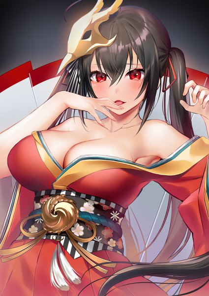 Anime picture 1000x1412 with azur lane taihou (azur lane) shirako sei single long hair tall image looking at viewer blush fringe breasts open mouth light erotic black hair simple background hair between eyes red eyes large breasts twintails bare shoulders cleavage