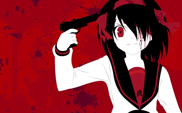 Anime picture 1680x1050 with suzumiya haruhi no yuutsu kyoto animation suzumiya haruhi wide image red background girl gun