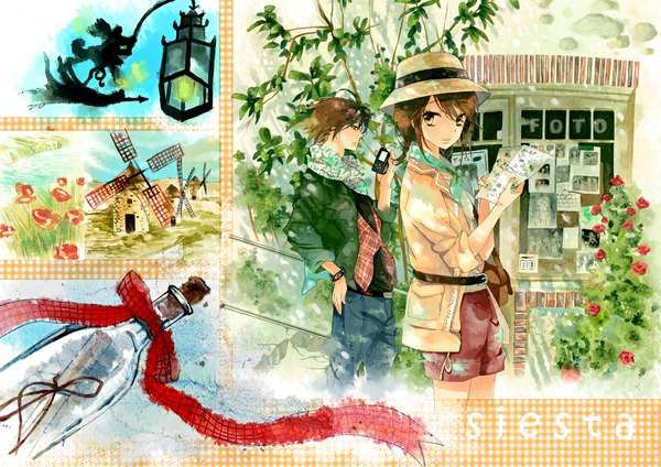 Anime picture 1063x752 with hash (artist) short hair brown hair yellow eyes profile couple hand on hip river girl boy flower (flowers) plant (plants) hat shorts bracelet belt headdress rose (roses) bag vest