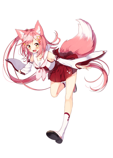 Anime picture 2591x3624 with original sakura mochi (sakuragi ren) sakuragi ren single long hair tall image looking at viewer blush highres open mouth smile animal ears yellow eyes pink hair full body tail traditional clothes :d animal tail pleated skirt