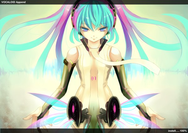 Anime picture 3508x2480 with vocaloid vocaloid append hatsune miku hatsune miku (append) mega (artist) highres purple eyes absurdres aqua hair no panties girl gloves navel elbow gloves number (numbers)