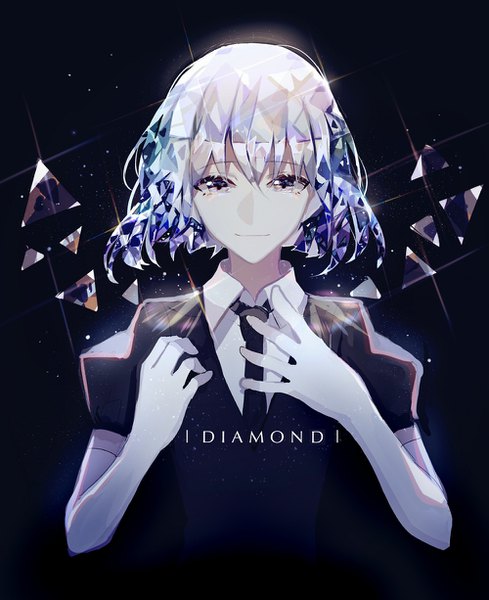 Anime picture 1000x1225 with houseki no kuni diamond (houseki no kuni) lococo:p single tall image fringe short hair simple background hair between eyes silver hair upper body sparkle grey eyes character names black background gradient hair androgynous gloves uniform elbow gloves