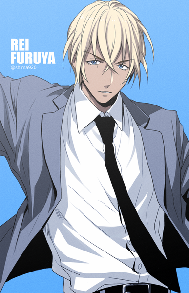 Anime picture 600x930 with detective conan amuro tooru mashima shima single tall image looking at viewer fringe short hair blue eyes blonde hair simple background hair between eyes signed upper body parted lips inscription character names twitter username blue background boy