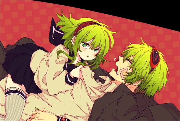 Anime picture 1230x830 with vocaloid gumi gumo yomonari (artist) short hair open mouth green eyes nail polish profile green hair bandaid on face nosebleed girl thighhighs boy uniform school uniform serafuku hairband striped thighhighs