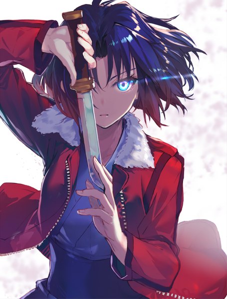 Anime picture 883x1165 with kara no kyoukai type-moon ryougi shiki shirabi single tall image looking at viewer fringe short hair blue eyes holding blue hair upper body ahoge outdoors traditional clothes parted lips japanese clothes wind night