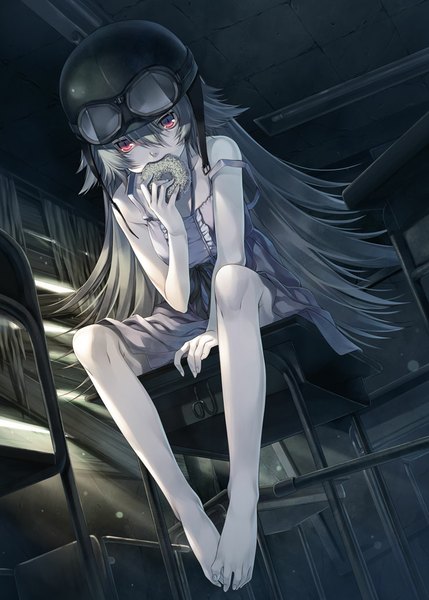 Anime picture 740x1035 with bakemonogatari shaft (studio) monogatari (series) oshino shinobu hagure keg single long hair tall image fringe blonde hair red eyes sitting barefoot off shoulder bare legs from below eating classroom girl food