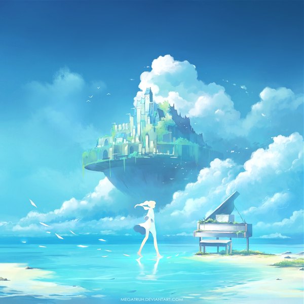 Anime picture 950x950 with original megatruh single long hair signed sky cloud (clouds) full body ponytail beach watermark reflection walking silhouette floating island girl dress animal water sea