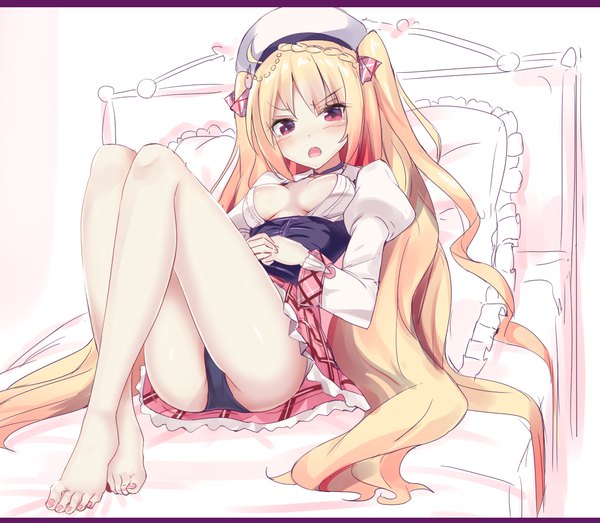 Anime picture 1237x1080 with azur lane crescent (azur lane) tenrai single long hair looking at viewer blush fringe breasts open mouth light erotic blonde hair hair between eyes red eyes payot ahoge bent knee (knees) ass long sleeves nail polish