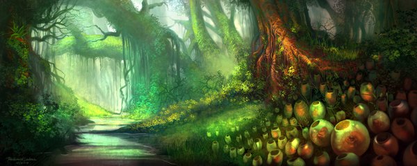 Anime picture 2000x800 with original digitalhadz highres wide image landscape nature flower (flowers) plant (plants) tree (trees) forest path