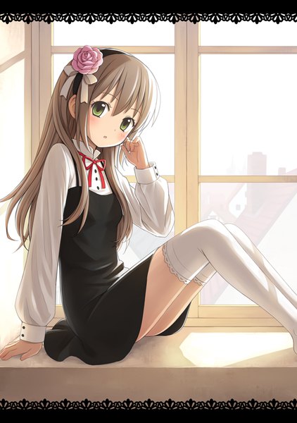 Anime picture 606x861 with original kuro (chrono) single long hair tall image looking at viewer blush fringe open mouth hair between eyes brown hair sitting green eyes payot bent knee (knees) indoors long sleeves head tilt hair flower arm support