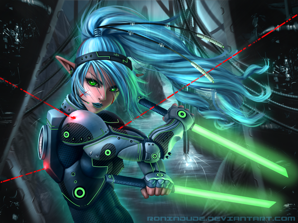 Anime picture 3600x2700 with original ronin dude (ray cornwell) single long hair looking at viewer highres green eyes blue hair absurdres ponytail pointy ears lipstick watermark futuristic girl weapon sword suit