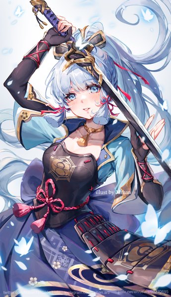 Anime picture 1500x2606 with genshin impact kamisato ayaka mihan77108047 single long hair tall image looking at viewer fringe blue eyes silver hair ponytail tress ribbon girl weapon sword armor katana insect butterfly breastplate