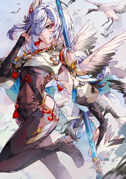 Anime picture 1000x1414 with genshin impact shenhe (genshin impact) yeurei single long hair tall image fringe standing signed looking away silver hair nail polish hair over one eye covered navel standing on one leg silver eyes girl weapon animal bird (birds)