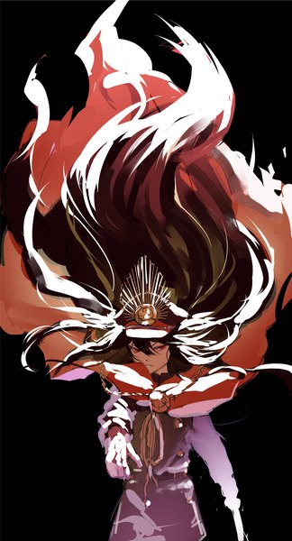 Anime picture 1015x1880 with fate (series) fate/grand order oda nobunaga (fate) (all) oda nobunaga (fate) ryein single tall image fringe black hair simple background hair between eyes red eyes very long hair wind outstretched arm black background military girl uniform cape