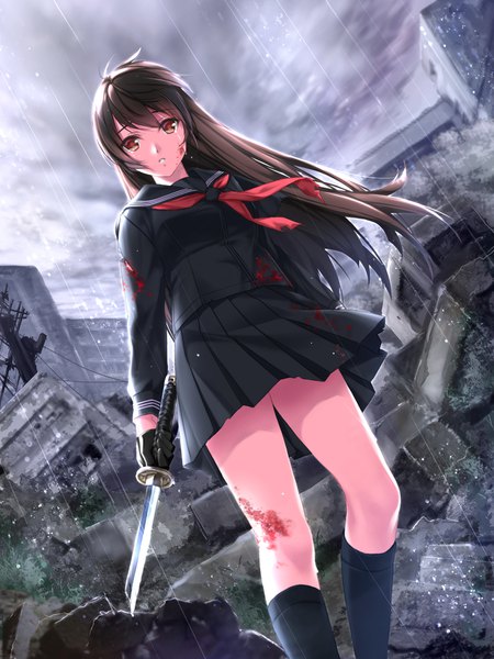 Anime picture 1188x1584 with original n69 single long hair tall image looking at viewer fringe black hair hair between eyes holding brown eyes cloud (clouds) outdoors parted lips pleated skirt wind from below tears rain blood on face