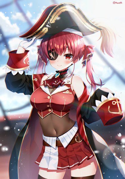 Anime-Bild 1050x1500 mit virtual youtuber hololive houshou marine houshou marine (1st costume) mauve single long hair tall image red eyes standing twintails signed cloud (clouds) red hair pleated skirt blurry midriff twitter username covered navel adjusting hat