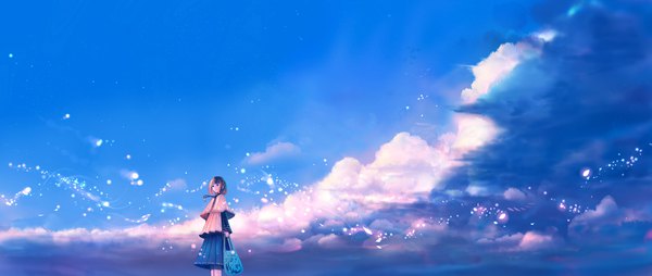 Anime picture 2357x1000 with original bounin single fringe highres short hair brown hair wide image standing holding looking away sky cloud (clouds) outdoors blunt bangs pleated skirt wind bob cut girl skirt