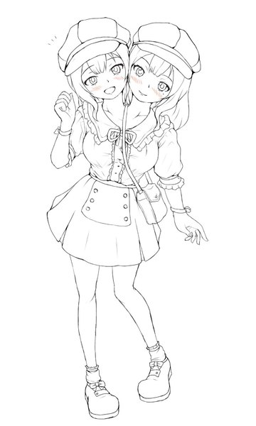 Anime picture 847x1410 with original ftt long hair tall image looking at viewer blush fringe open mouth simple background smile standing white background full body :d lineart siamese twins girl hat shoes cabbie hat
