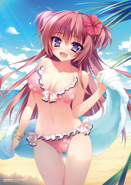 Anime picture 1447x2048 with shukufuku no kane no oto wa ootori maria anapom single long hair tall image looking at viewer blush open mouth light erotic brown hair purple eyes hair flower scan teeth fang (fangs) two side up beach ass visible through thighs girl