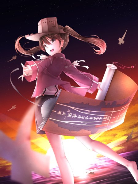 Anime picture 1200x1600 with kantai collection ryuujou light aircraft carrier waterdog single long hair tall image open mouth smile brown hair twintails brown eyes sky cloud (clouds) :d pleated skirt looking back barefoot sunlight evening sunset