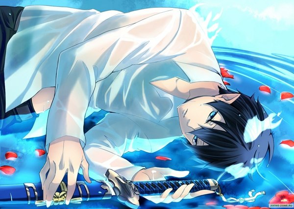 Anime picture 1050x750 with ao no exorcist a-1 pictures okumura rin short hair blue hair lying pointy ears boy shirt petals sword water flame