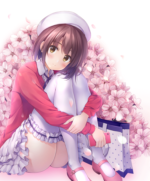 Anime picture 1246x1500 with saenai heroine no sodatekata a-1 pictures katou megumi pasdar single tall image looking at viewer blush fringe short hair light erotic simple background hair between eyes brown hair white background sitting brown eyes light smile cherry blossoms leg hug
